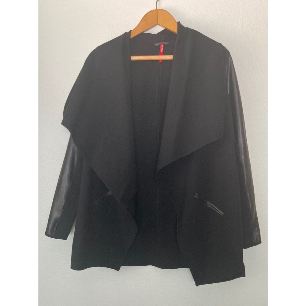SPANX Drape Front Jacket Black Faux Leather Small Snap Layering - Picture 4 of 10